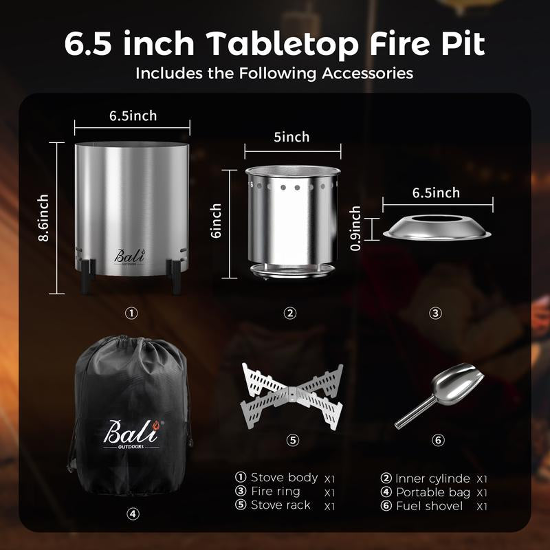 BALI OUTDOORS Smokeless Fire Pit, 6.5-Inch Turbo Flame Tabletop Fire Pit, Stainless Steel, Adjustable Flame, with Stand and Stove Rack, Carry Bag #Springtok