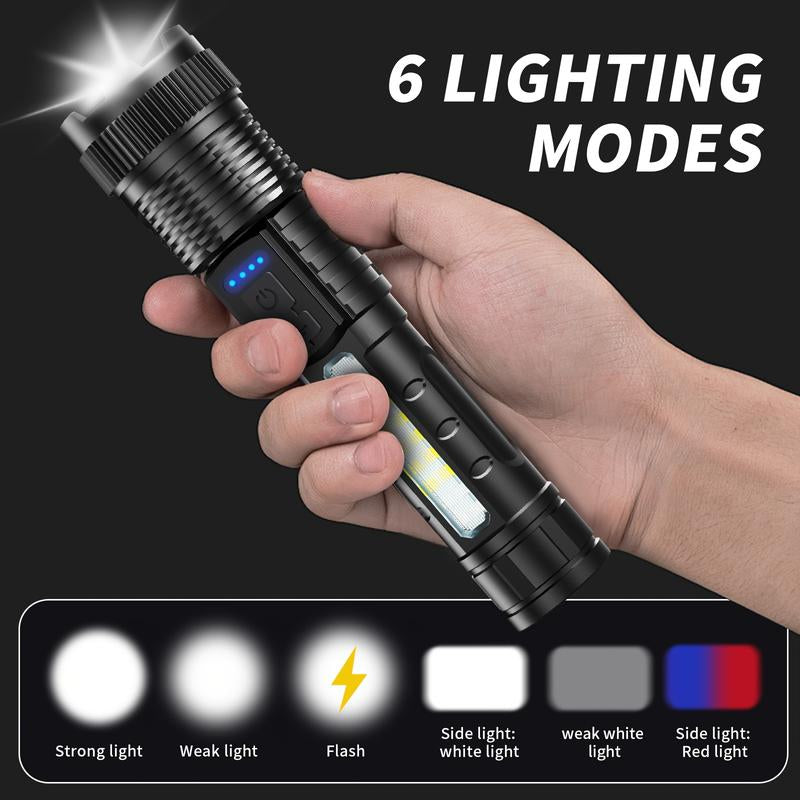 6-IN-1 ZOOM FLASHLIGHT! 200M BEAM & USB-C FAST CHARGE | 3 MAIN MODES + 3 COB SIDELIGHTS | POWER DISPLAY & PORTABLE BATTERY PACK | PERFECT for CAMPING & EMERGENCIES! Strong Flashlight High Lumen
