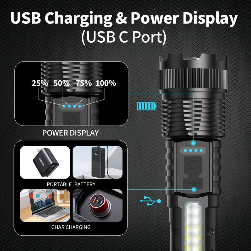 6-IN-1 ZOOM FLASHLIGHT! 200M BEAM & USB-C FAST CHARGE | 3 MAIN MODES + 3 COB SIDELIGHTS | POWER DISPLAY & PORTABLE BATTERY PACK | PERFECT for CAMPING & EMERGENCIES! Strong Flashlight High Lumen