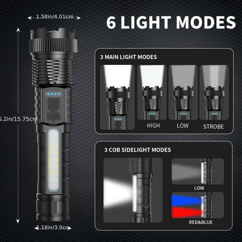 6-IN-1 ZOOM FLASHLIGHT! 200M BEAM & USB-C FAST CHARGE | 3 MAIN MODES + 3 COB SIDELIGHTS | POWER DISPLAY & PORTABLE BATTERY PACK | PERFECT for CAMPING & EMERGENCIES! Strong Flashlight High Lumen