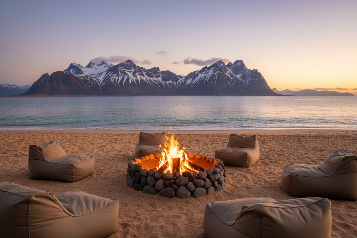 fire pit with mountains in the back on a beach